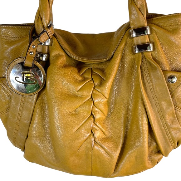 B. Makowsky Camel Leather Hobo w/ Braided Handle Magnetic Closure Leopard Lining - Picture 4 of 15